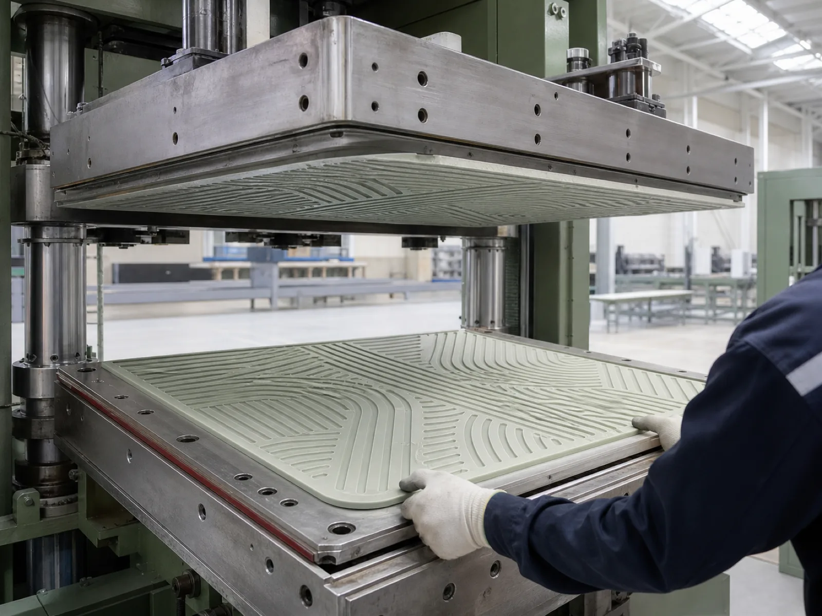 Wetop Silicone compression molding press producing a silicone drying mat with in-mold non-slip texture — the manufacturing method that produces the drainage channel pattern eliminating pore-network moisture retention