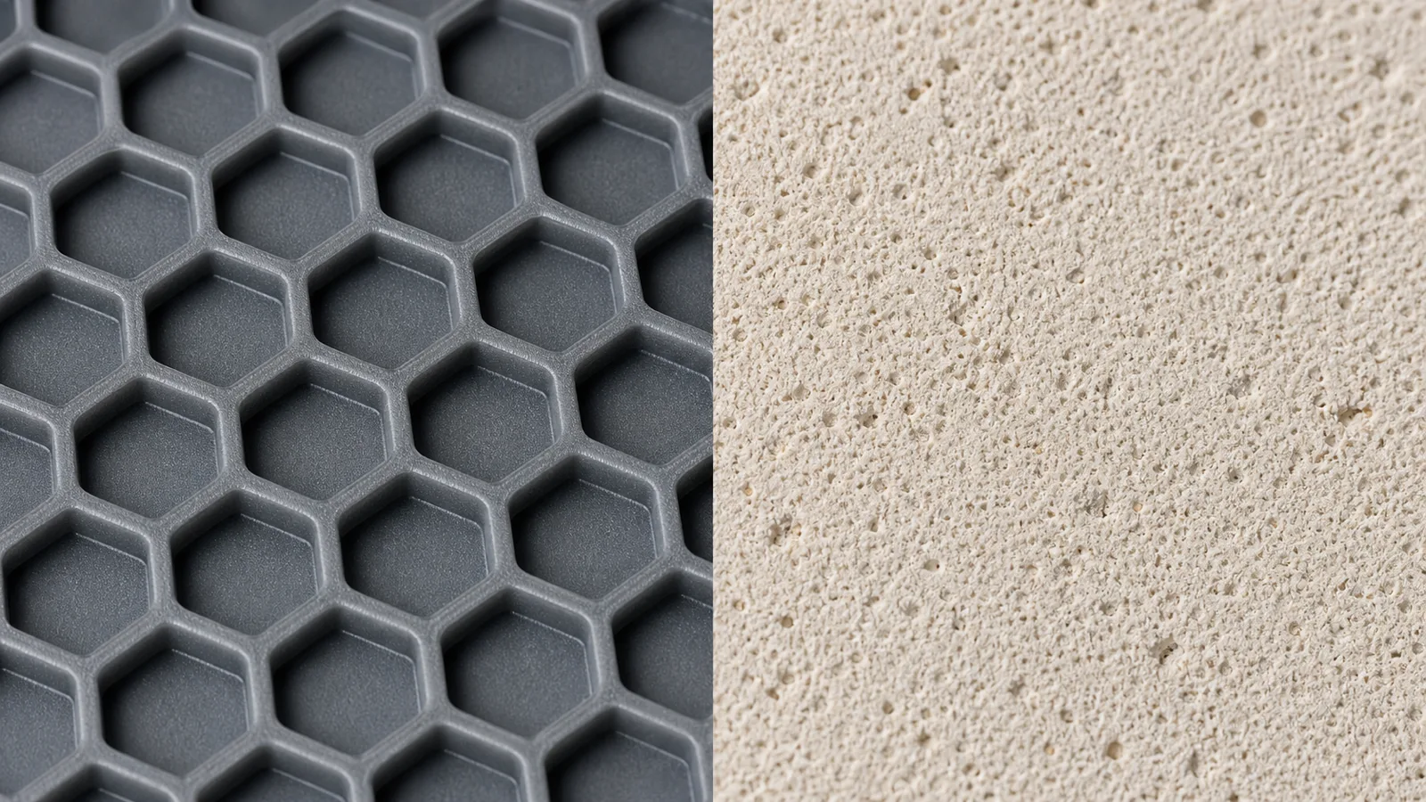 Extreme macro split-screen of a silicone drying mat's honeycomb embossed surface on the left and a diatomaceous-earth mat's porous chalky surface on the right