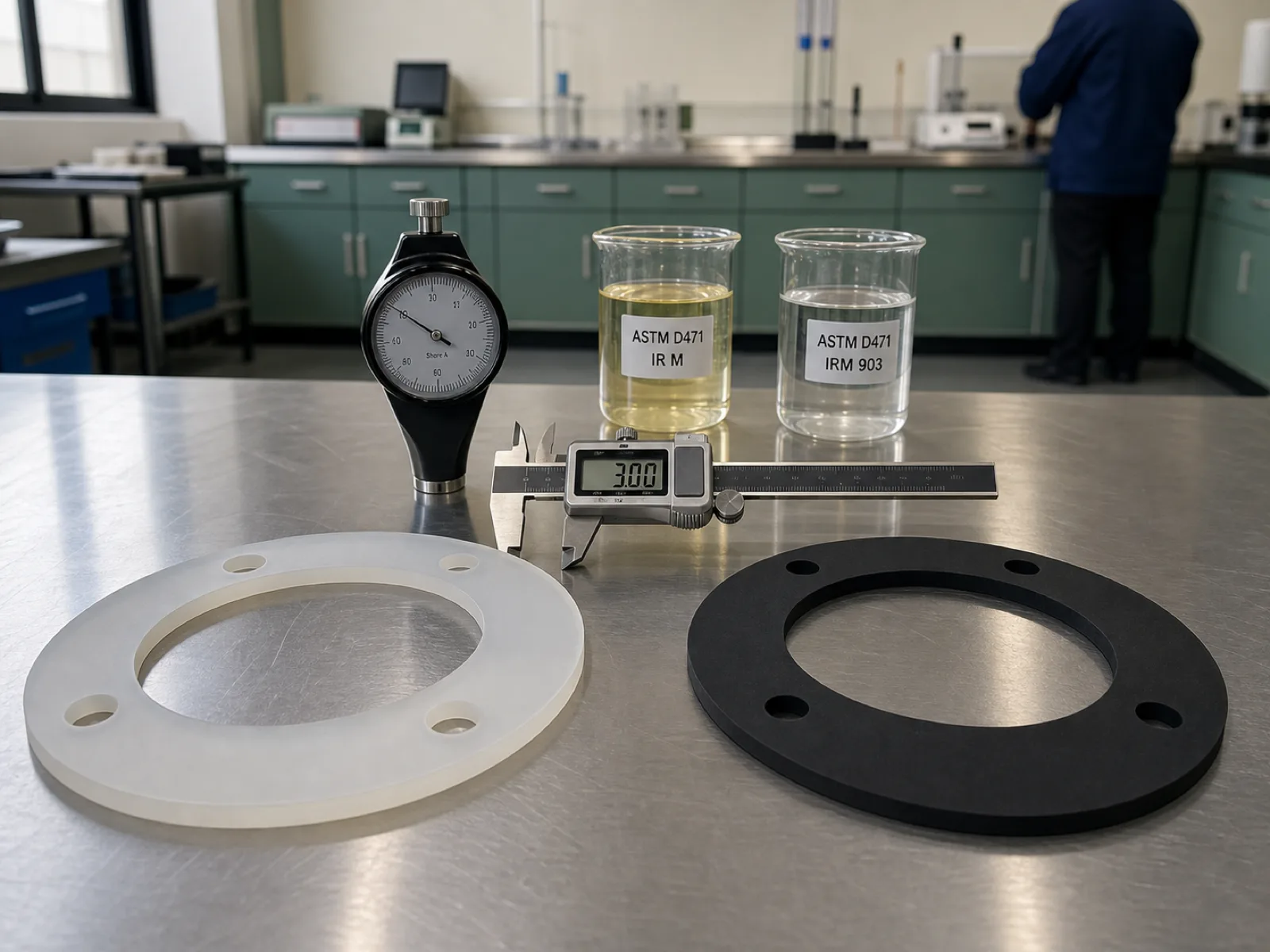 Silicone vs EPDM gasket engineering comparison on a Dongguan QC bench — translucent platinum-cured VMQ gasket beside a matte black EPDM gasket, staged with digital caliper, Shore A durometer, and ASTM D471 volume-swell beakers under D65 workshop light.