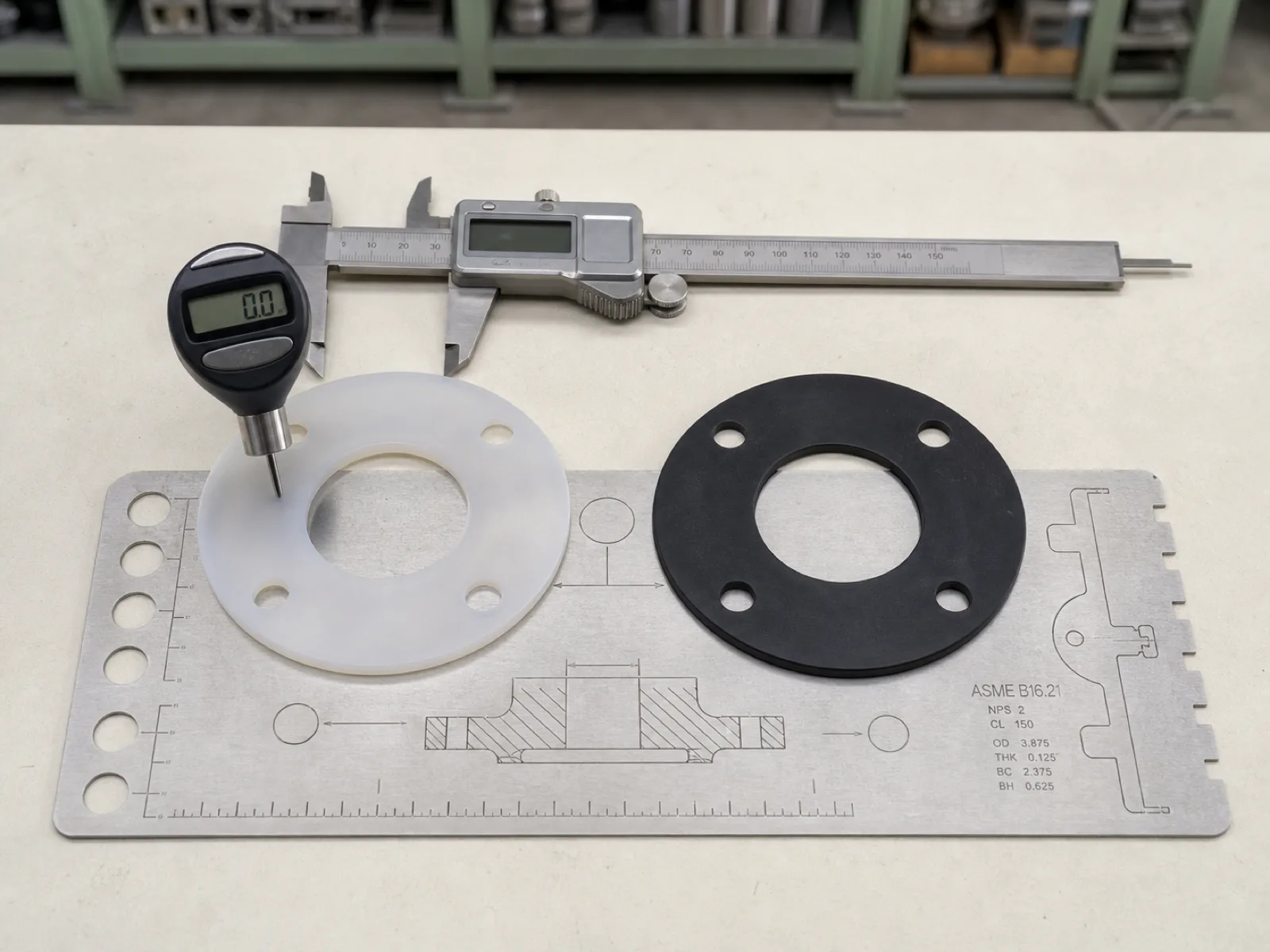 Silicone vs EPDM gasket comparison on Wetop QC bench — translucent platinum-cured VMQ gasket next to a matte black EPDM gasket, both measured with a Shore A durometer and digital caliper against an ASME B16.21 gauge card.