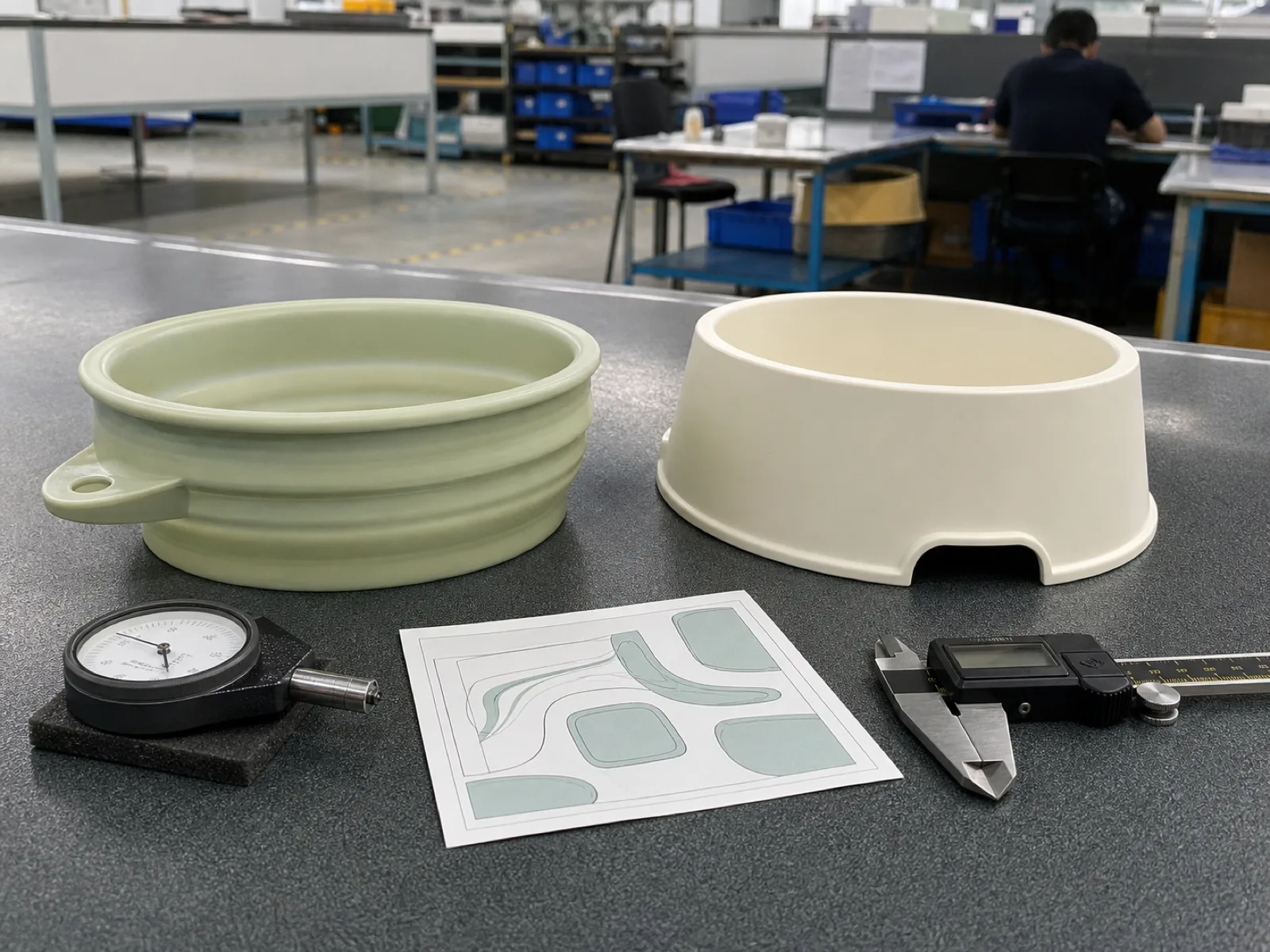 Silicone vs plastic dog bowl on a Dongguan QC bench — a translucent sage food-grade silicone collapsible bowl beside a rigid plastic bowl, staged with a Shore A durometer, digital caliper, and cavity-map card under D65 workshop light.