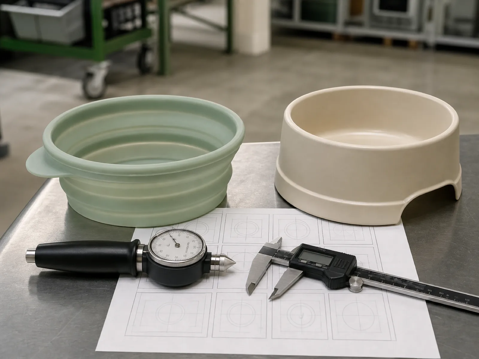 Silicone vs plastic dog bowl side by side on a Wetop QC bench — a translucent sage collapsible food-grade silicone bowl next to a rigid molded plastic bowl, both measured with a Shore A durometer and digital caliper against a cavity-map card under D65 workshop light.