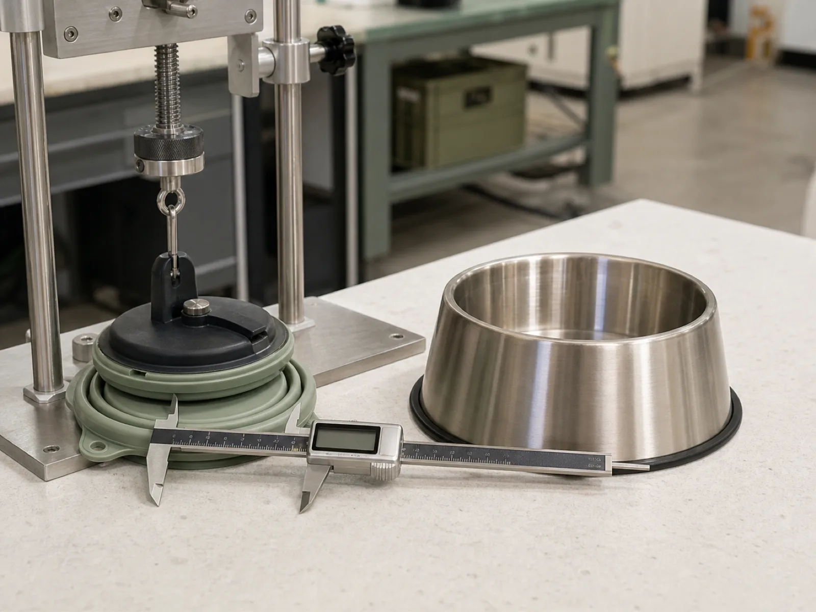 A collapsible sage silicone dog bowl compressed to a fraction of its height beside a full-height stainless steel bowl on a Wetop QC bench, with a suction-pull rig measuring the non-slip base grip and a digital caliper checking collapsed stack height under D65 workshop light.