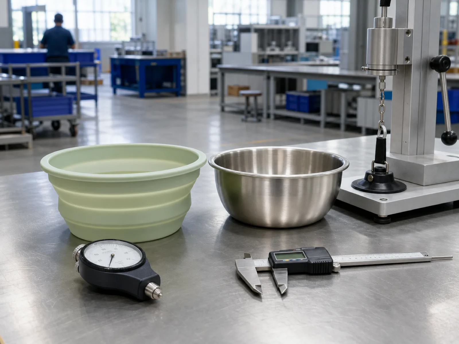 Silicone vs stainless steel dog bowl staged on a Dongguan QC bench — a collapsible translucent sage platinum-cured silicone bowl beside a brushed 304 stainless steel bowl, with a Shore A durometer, digital caliper, and suction-pull rig under D65 workshop light.
