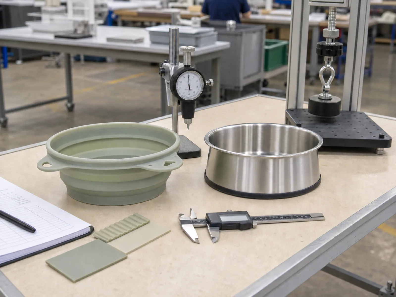 Silicone vs stainless steel dog bowl side by side on a Wetop QC bench — a collapsible translucent sage platinum-cured silicone bowl next to a brushed 304 stainless steel bowl, both measured with a Shore A durometer and digital caliper against a suction-pull rig.