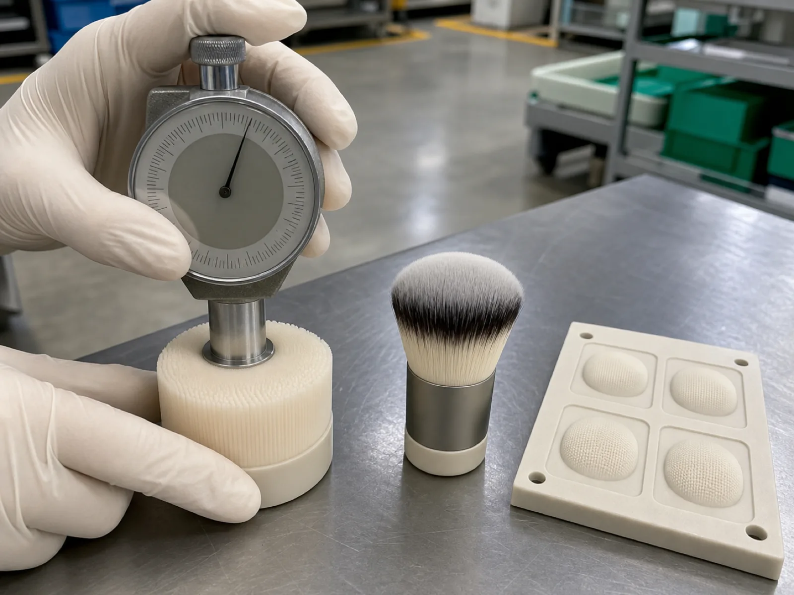 Shore A durometer pressed into a cream silicone makeup brush head next to a synthetic-fiber brush and a four-cavity mold map card on a Wetop QC bench, showing the 20-45 Shore A skin-contact hardness window measured under D65 workshop light.