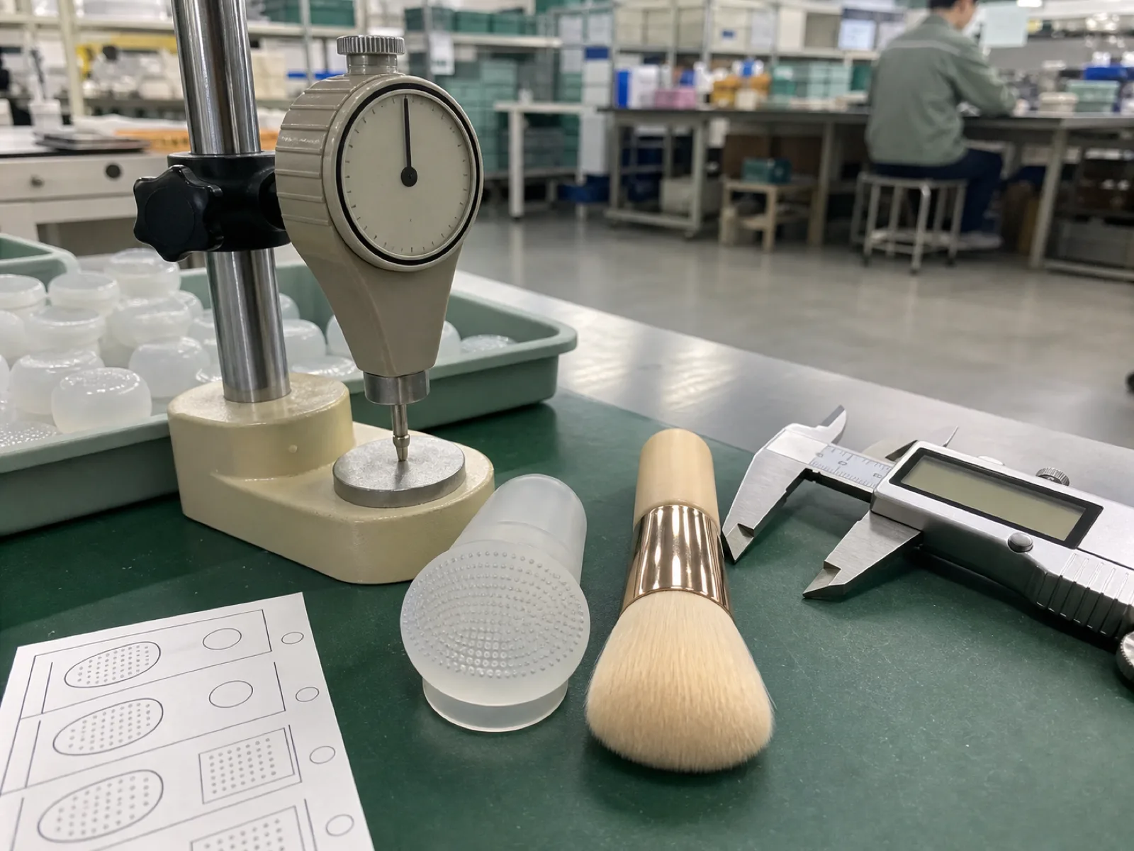 Silicone makeup brush vs synthetic-bristle brush staged on a Dongguan QC bench — a translucent platinum-cured silicone nub applicator beside a cream synthetic-fiber brush, with a Shore A durometer, digital caliper, and cavity-map card under D65 workshop light.