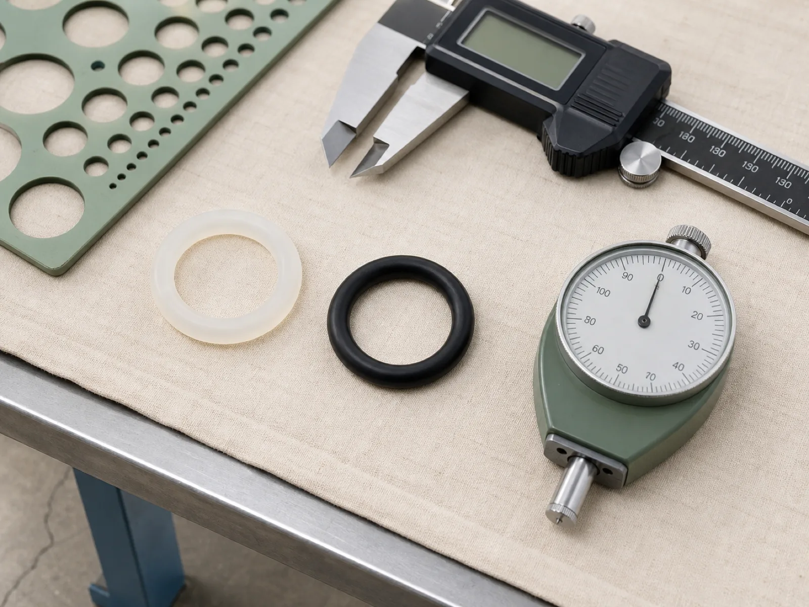 Silicone vs Viton O-ring engineering comparison on a Dongguan QC bench — translucent platinum-cured VMQ O-ring beside a black FKM O-ring, staged with digital caliper, Shore A durometer, and volume-swell fluid beakers under D65 workshop light.