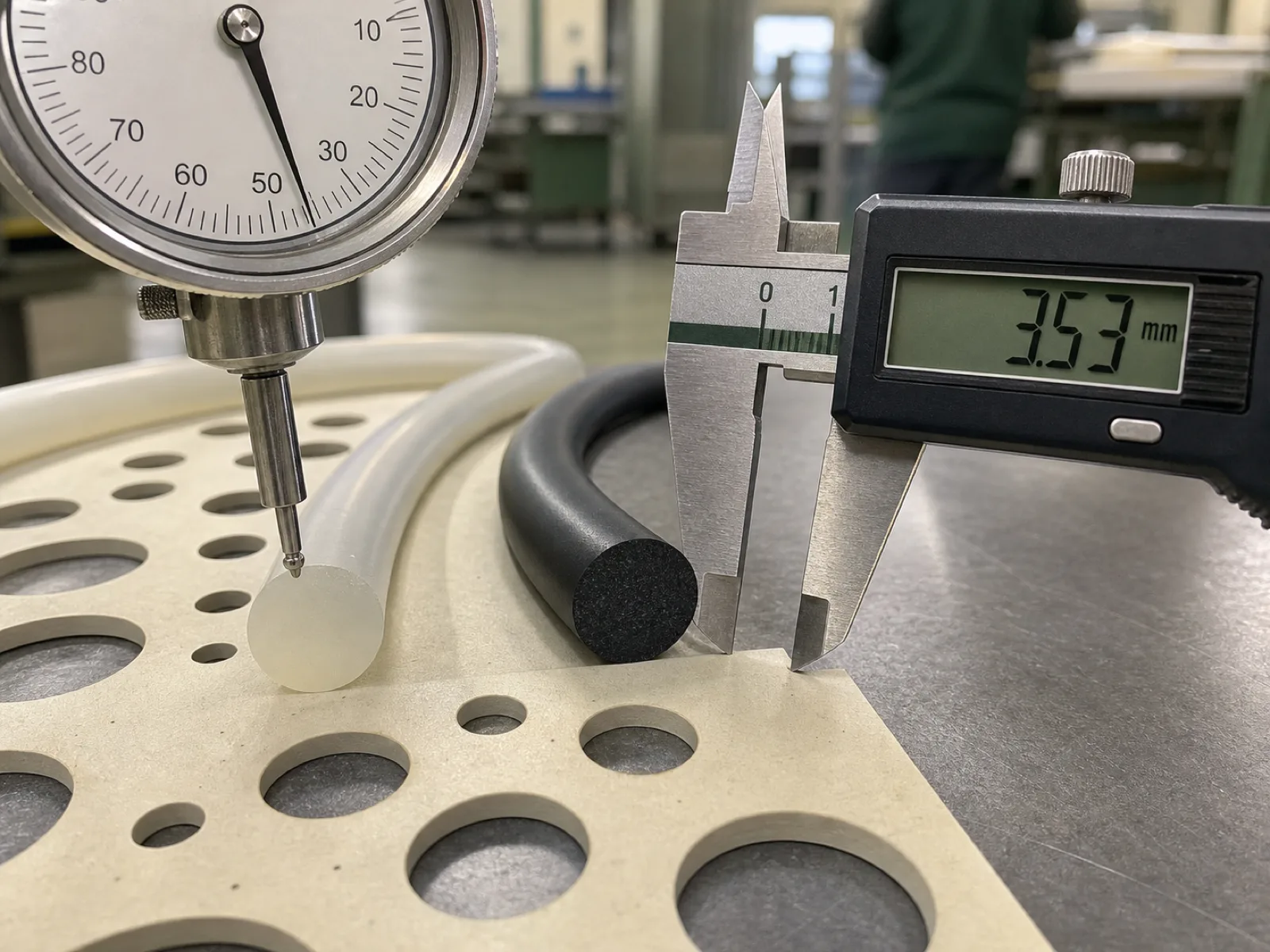 Silicone vs Viton O-ring cross-section comparison on Wetop QC bench — translucent platinum-cured VMQ O-ring next to a black FKM O-ring, both measured with a Shore A durometer and digital caliper against an ISO 3601 gauge card.