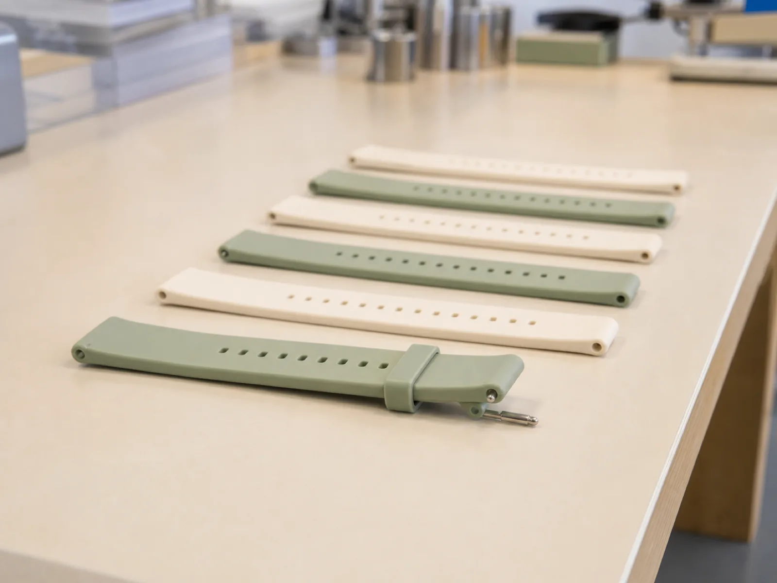 Row of anonymized platinum-cured silicone watch bands in sage and cream on a Wetop QC bench — 22 mm lug width, matte finish, stainless quick-release pin visible on the closest strap under D65 workshop lighting