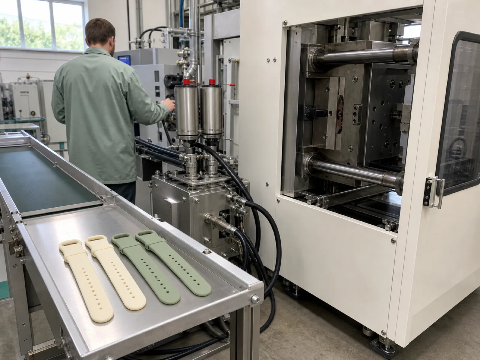 LSR injection molding cell producing silicone watch bands at Wetop — closed press, silver metering pump on 1:1 platinum-cured LSR barrels, cream and sage strap parts on the conveyor exit, no operator faces visible under D65 workshop lighting