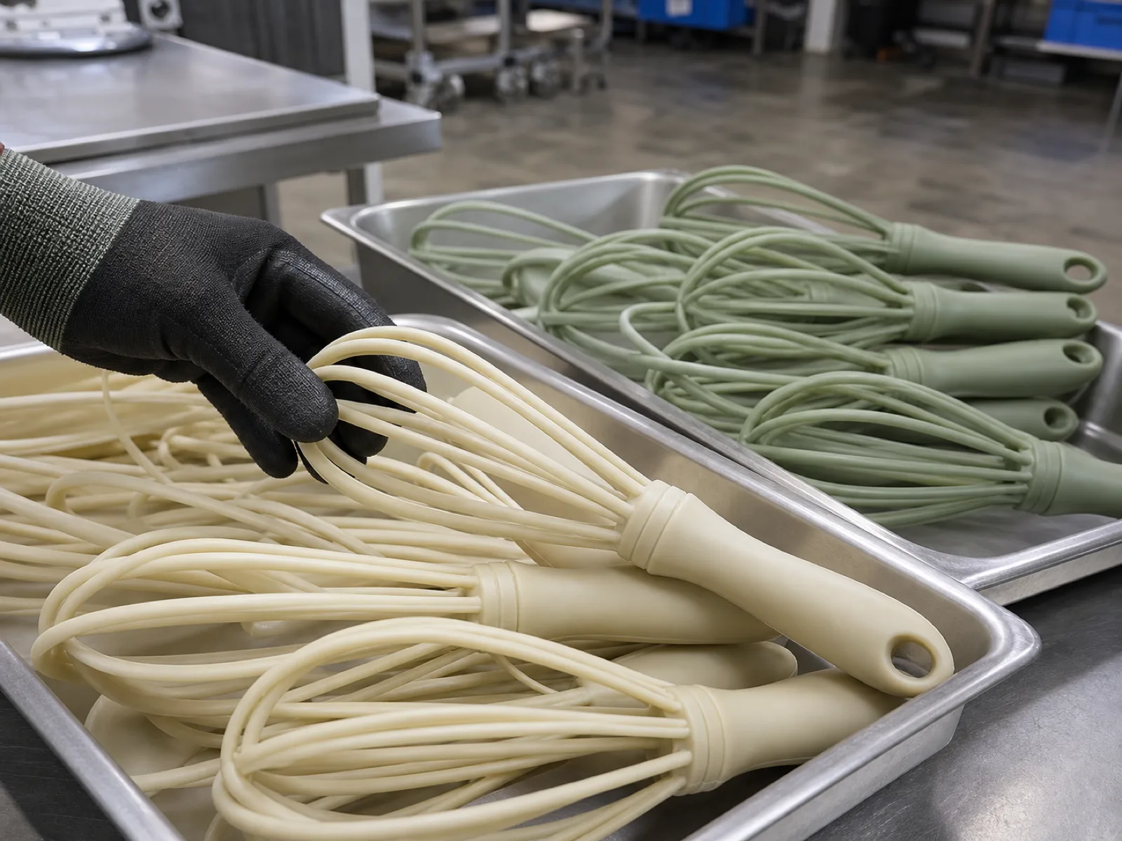 Silicone balloon whisk OEM production on a QC bench in a Dongguan silicone factory — cream and sage coated whisks over stainless steel wire cores staged in trays, engineer's gloved hand steadying a freshly over-molded head under D65 workshop lighting.