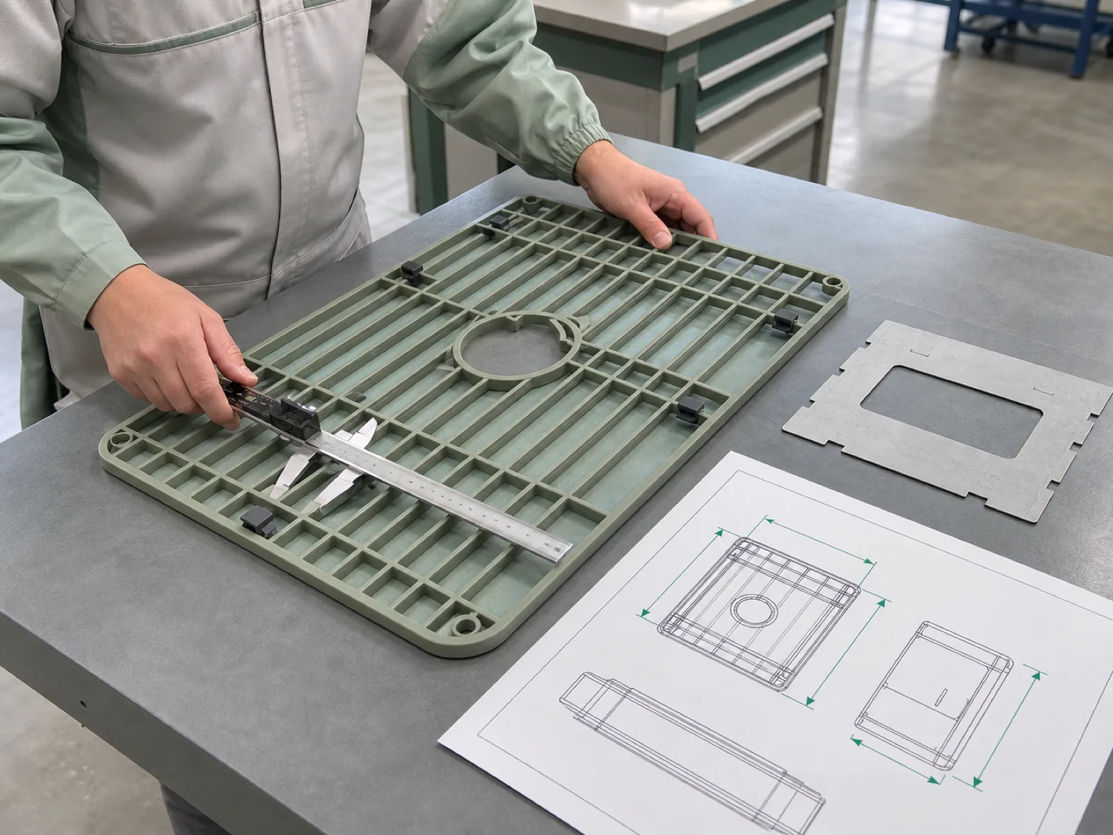 Wetop Silicone QC workshop with a silicone sink grid alongside dimensional verification tools — CMM caliper, template gauge, and the sink OEM technical drawing that defines the four critical spec dimensions