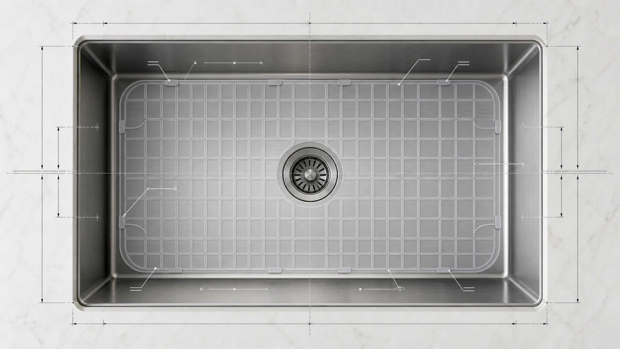 Technical drawing of a silicone bottom grid template overlaid on a stainless single-bowl undermount kitchen sink