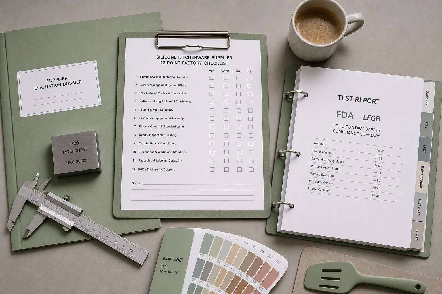 Procurement desk with a 12-item silicone sourcing checklist, precision caliper, Pantone swatches, and an FDA test report binder