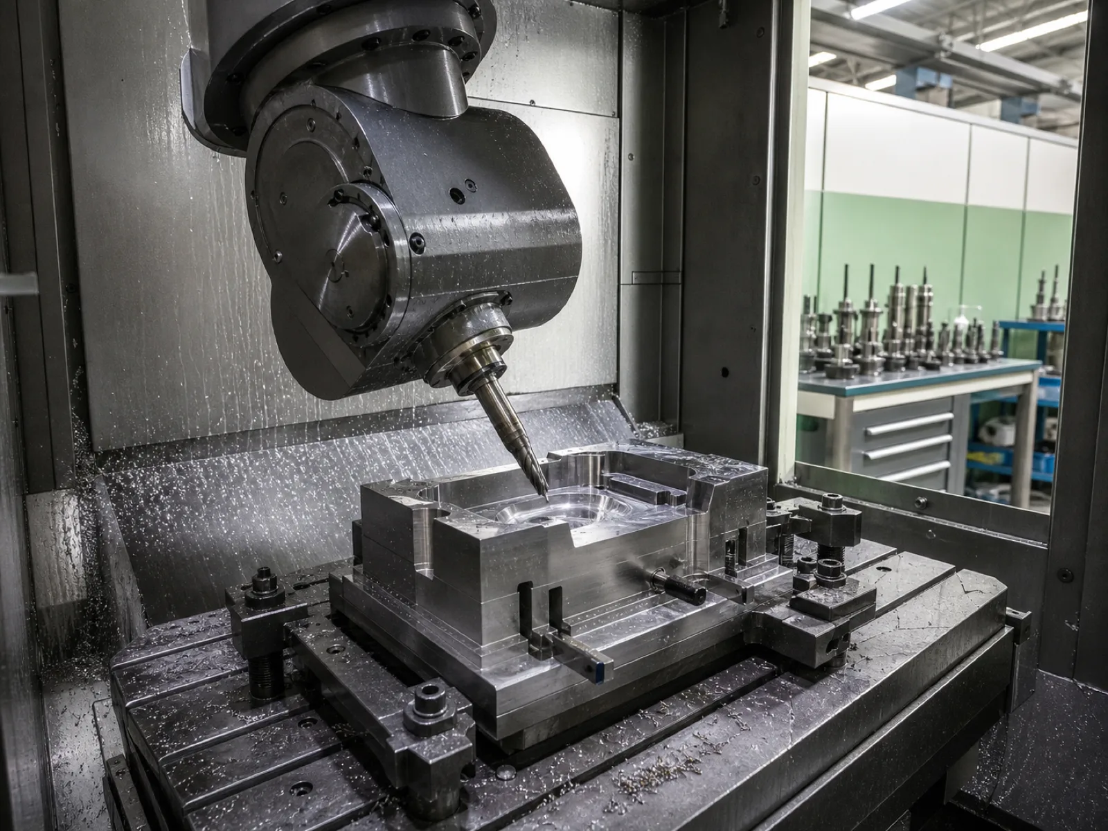 Wetop Silicone in-house mold workshop with a 5-axis CNC cutting a P20 hardened steel cavity — the physical evidence a real factory owns its tooling instead of subcontracting