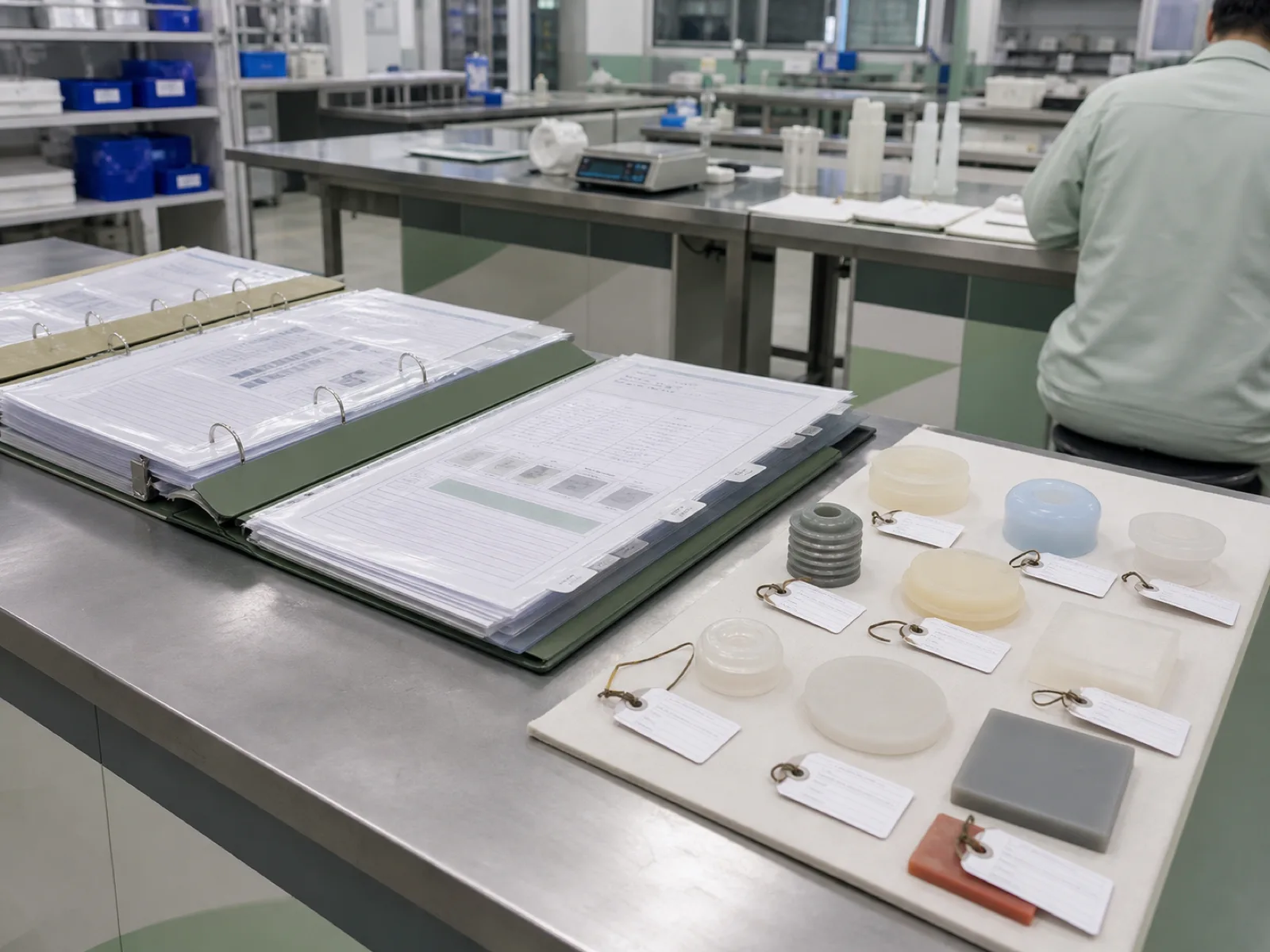 Wetop Silicone QC workshop with per-batch test report binders on the inspection bench next to the finished silicone samples they document — the physical evidence behind Question 8 audit welcome