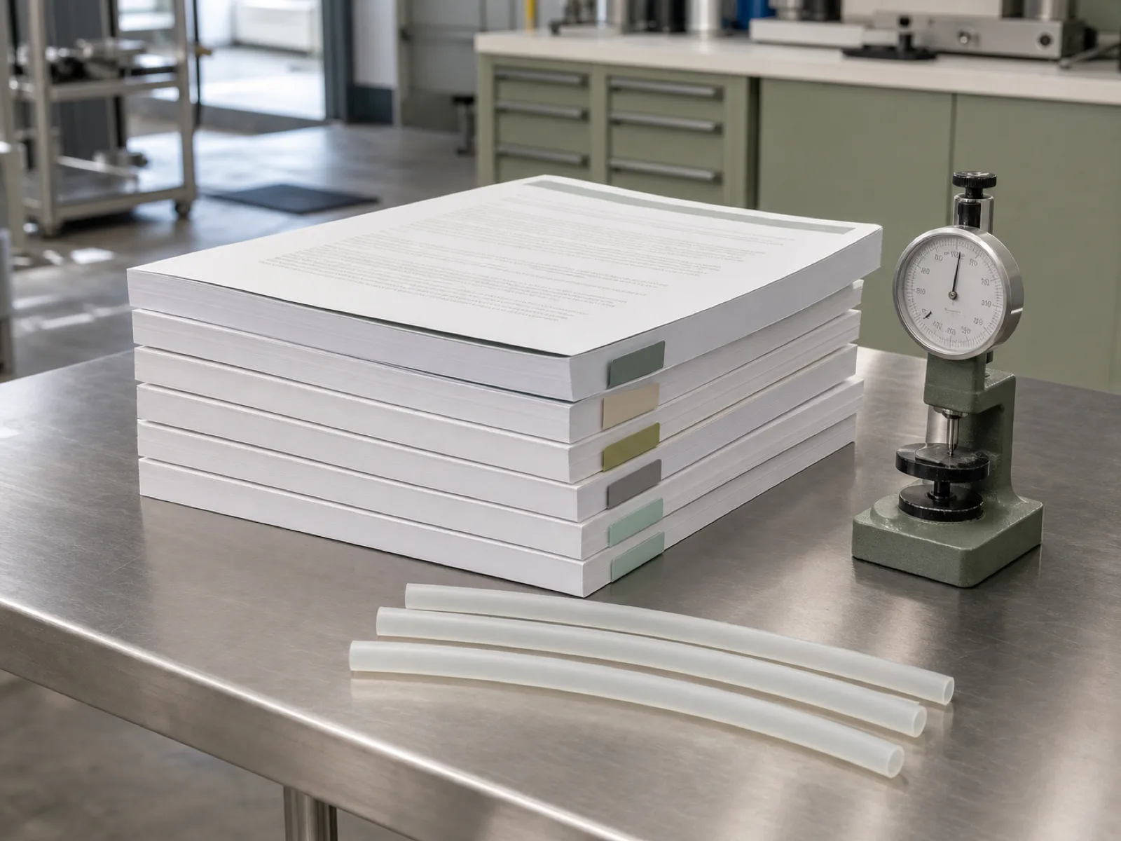 USP Class VI biocompatibility testing paperwork stack showing the six-class hierarchy with a durometer and platinum-cured silicone tubing samples on a QC bench