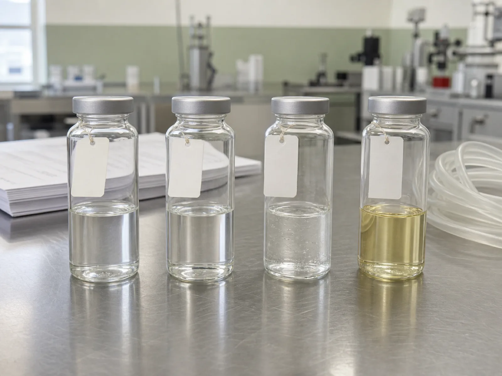 Four USP Class VI extraction media vials — saline, alcohol-saline, PEG 400, cottonseed oil — labeled and staged on a lab bench with test paperwork