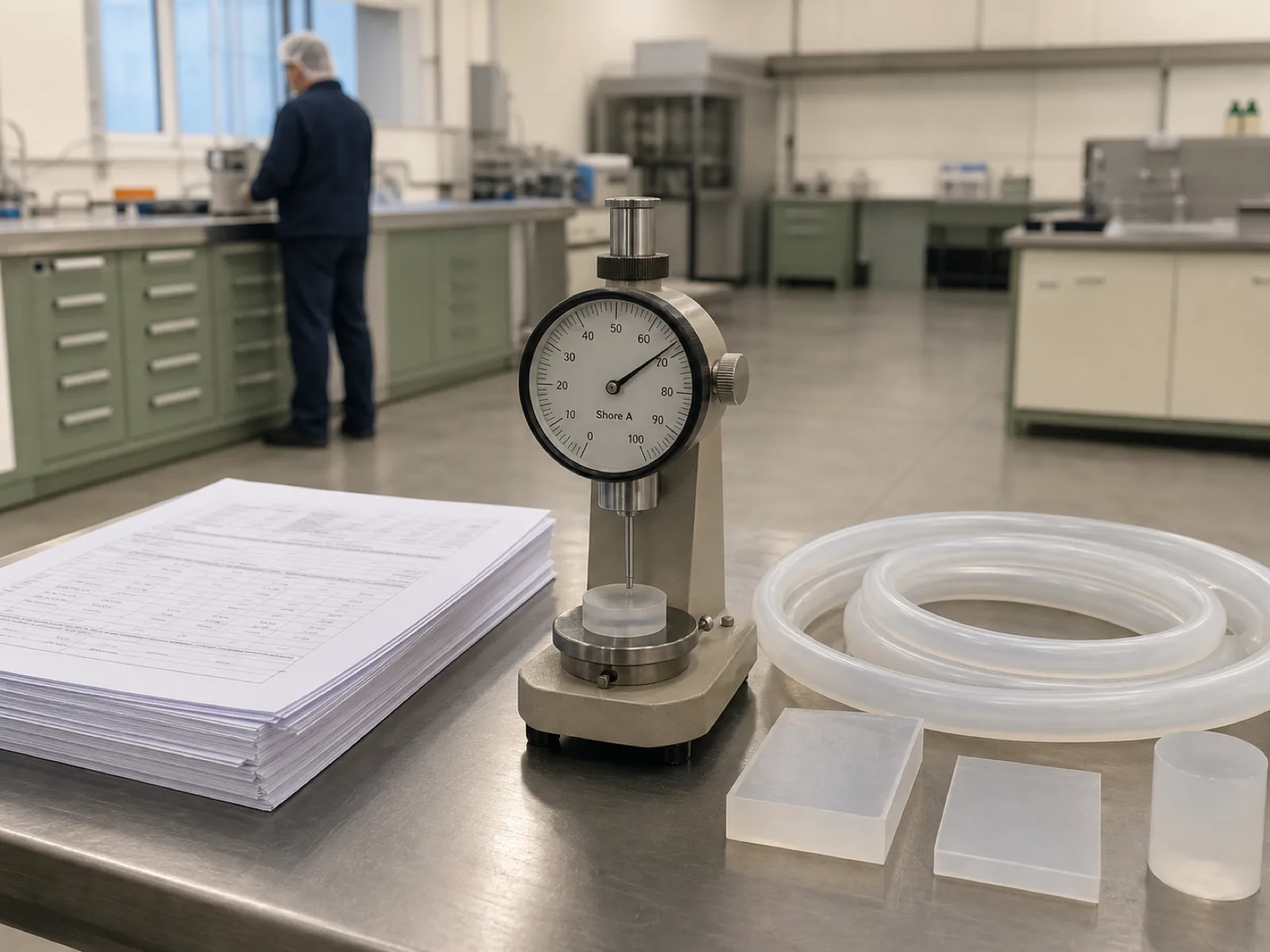 USP Class VI biocompatibility testing paperwork on a QC bench with anonymized platinum-cured silicone samples and a durometer, Dongguan factory