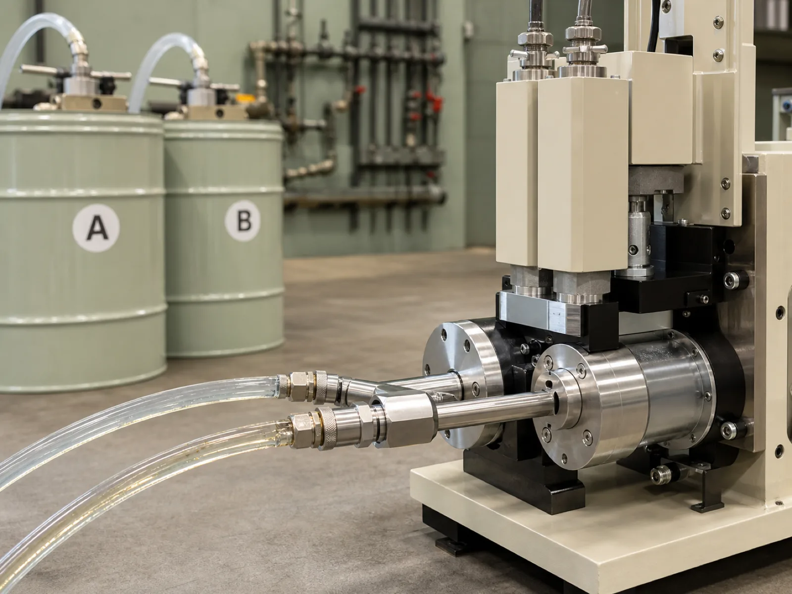 Two-part liquid silicone rubber (LSR) compound flowing from A and B drums into a metering pump and static mixer — the low-viscosity platinum-cured feed that answers what liquid silicone rubber is at the process level.