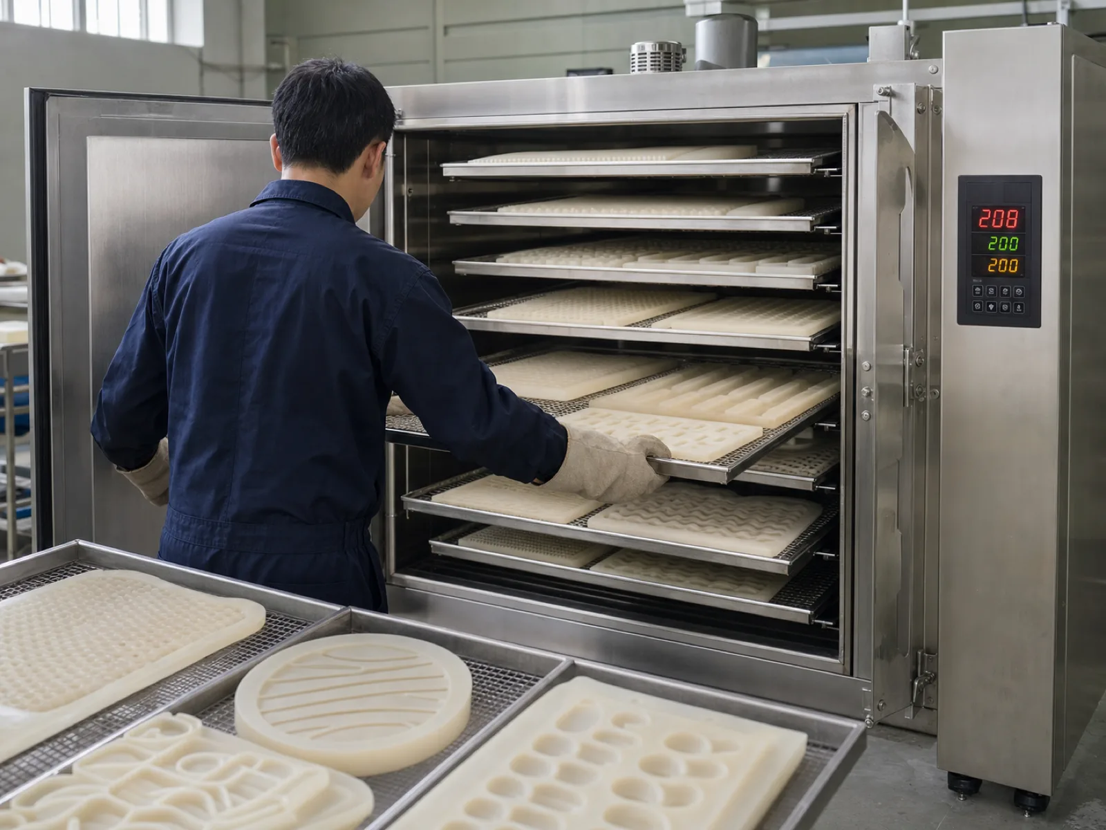 Trays of freshly demolded liquid silicone rubber parts loading into an air-circulated post-cure oven at 200 °C for the 4-6 hour bake that unlocks food-contact compliance.