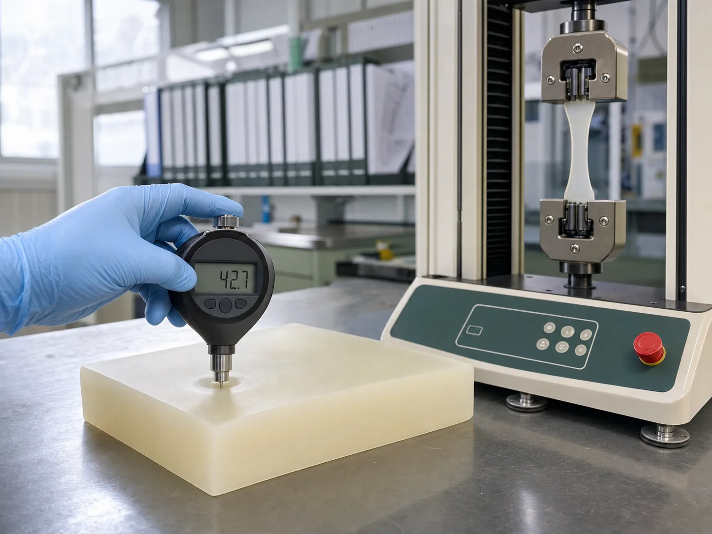 Wetop Silicone QC bench with digital Shore A durometer, tensile tester, and post-cure oven — measuring liquid silicone rubber batch properties per ASTM D2240 and D412 before parts release to shipping.