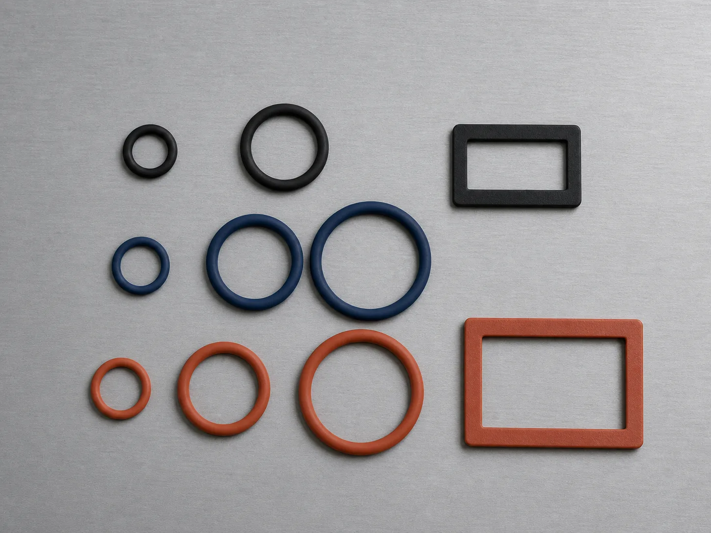 Silicone O-rings and gaskets in industrial black, navy, and terracotta on QC inspection surface — Wetop custom OEM for industrial parts programs