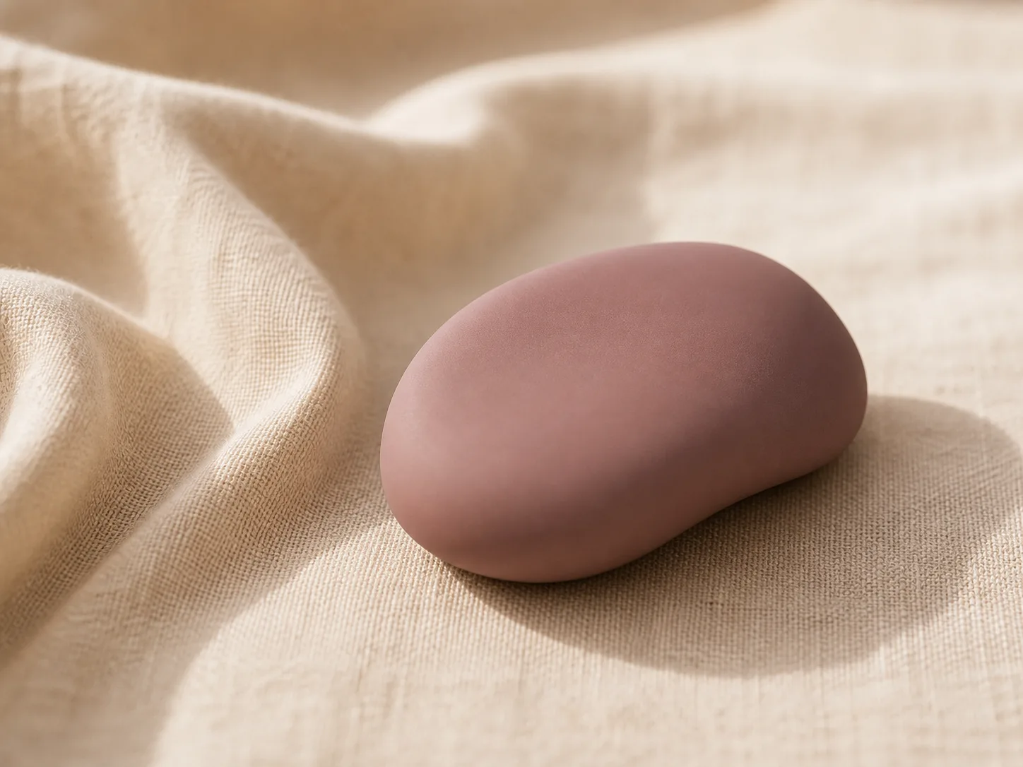Sculptural silicone wellness product in rose-taupe finish on warm-cream fabric — Wetop custom OEM for premium wellness brands